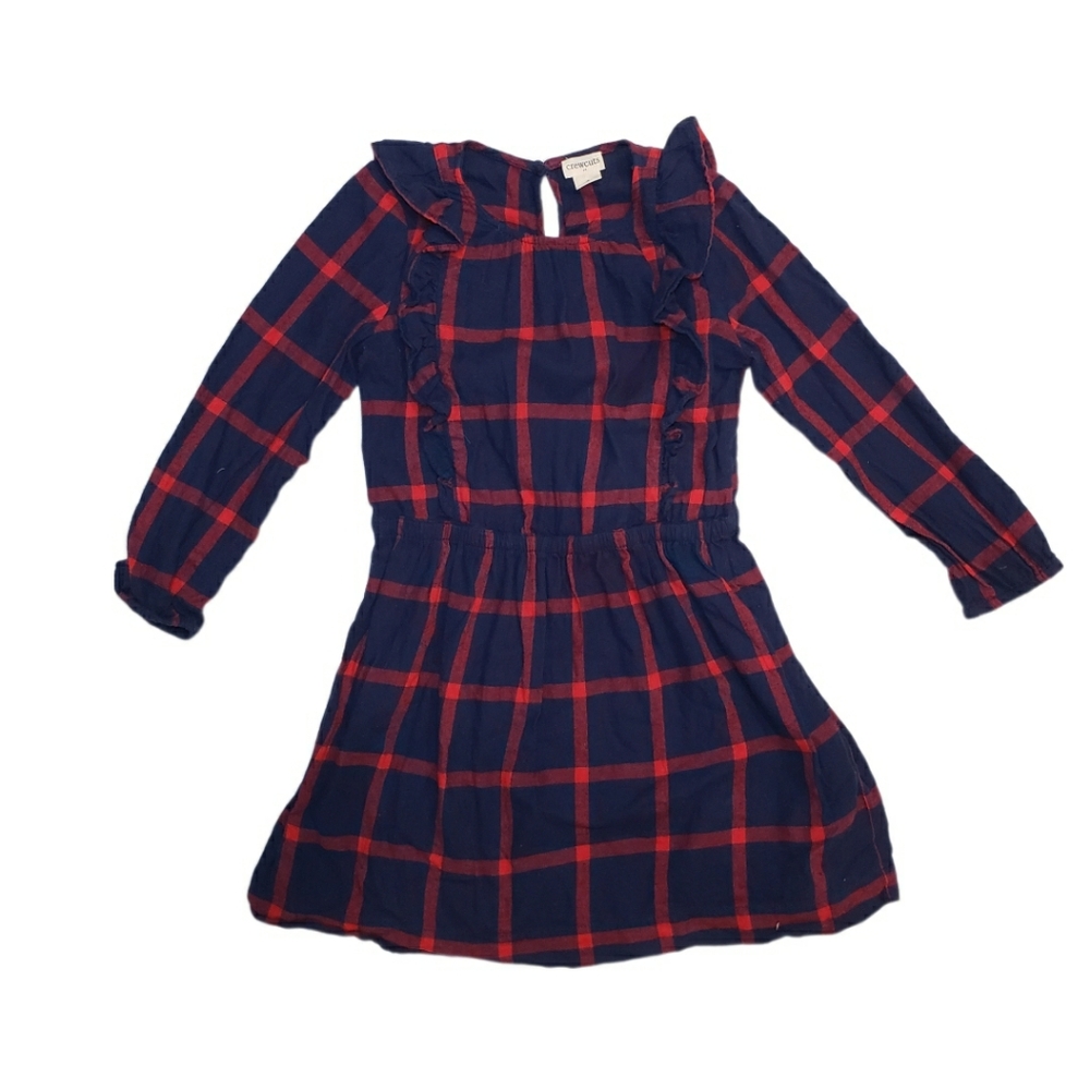 Crewcuts Size 6 Girls Navy and Red Plaid Ruffled Long Sleeve Dress